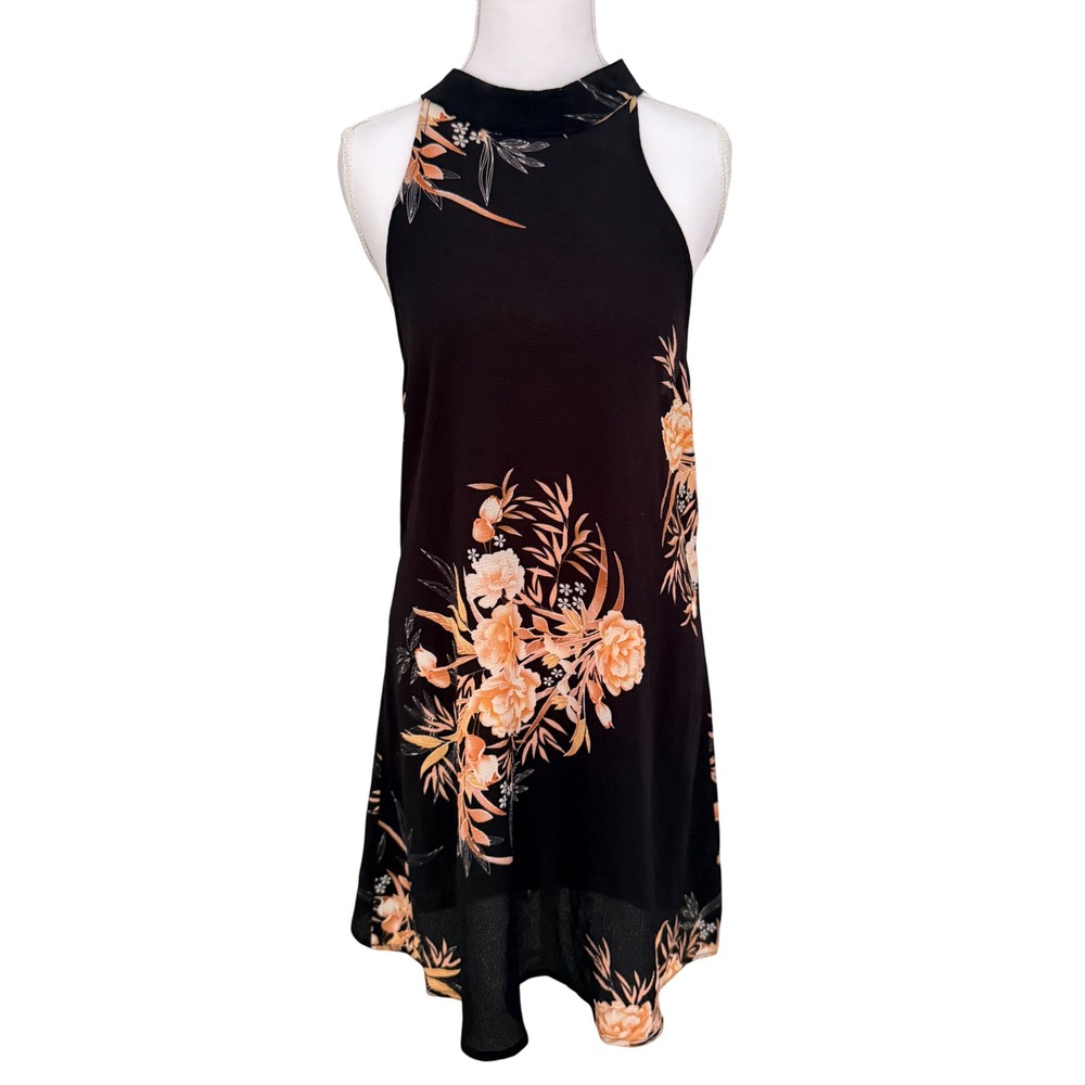 Yoins Floral Halter Mini‎ Dress Womens Small Black Peach Lace Back Tie Shift